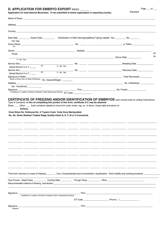 Application For Embryo Export Form - 2008 Printable pdf