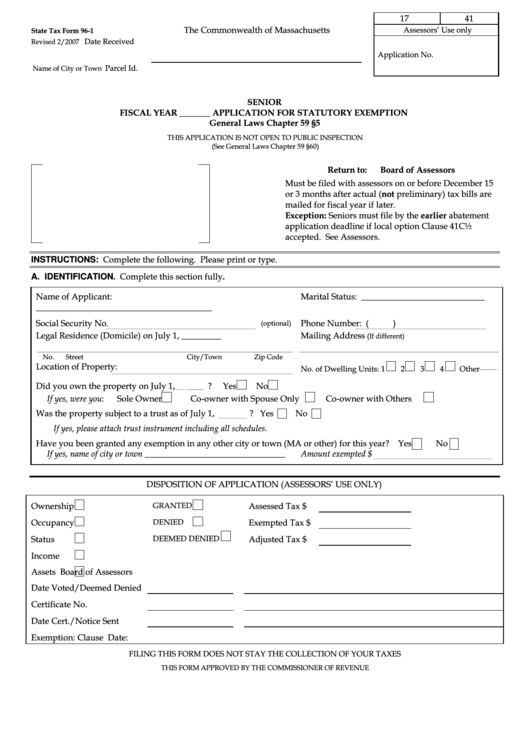 State Tax Form 96-1 - Senior Application For Statutory Exemption - 2007