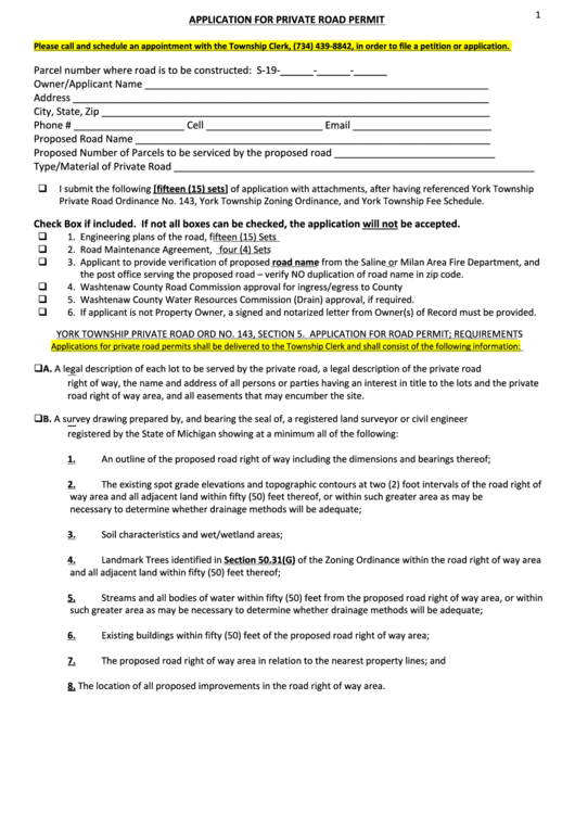 Application For Private Road Permit Form Printable pdf