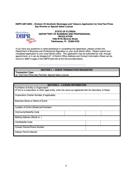 Dbpr Form Abt-6003 - Division Of Alcoholic Beverages And Tobacco Application For One/two/three Day Permits Or Special Sales License Printable pdf