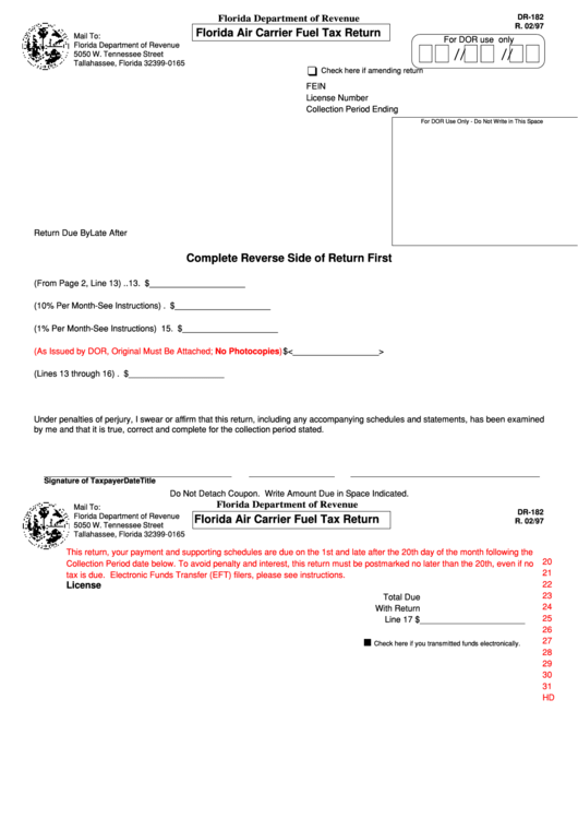 Form Dr-182 - Air Carrier Fuel Tax Return February 1997 Printable pdf