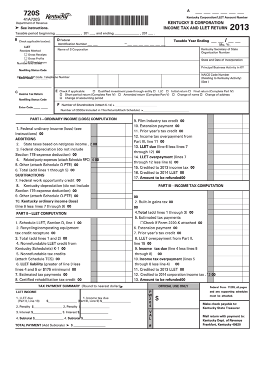 Form 720s - Kentucky S Corporation Income Tax And Llet Return - 2013 Printable pdf