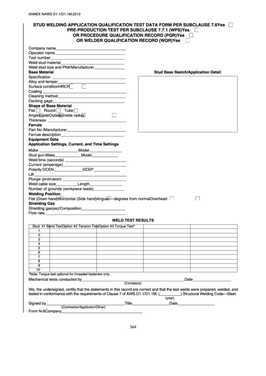 Fillable Form Aws D1.1 - Stud Welding Procedure Specification (Wps) Printable pdf