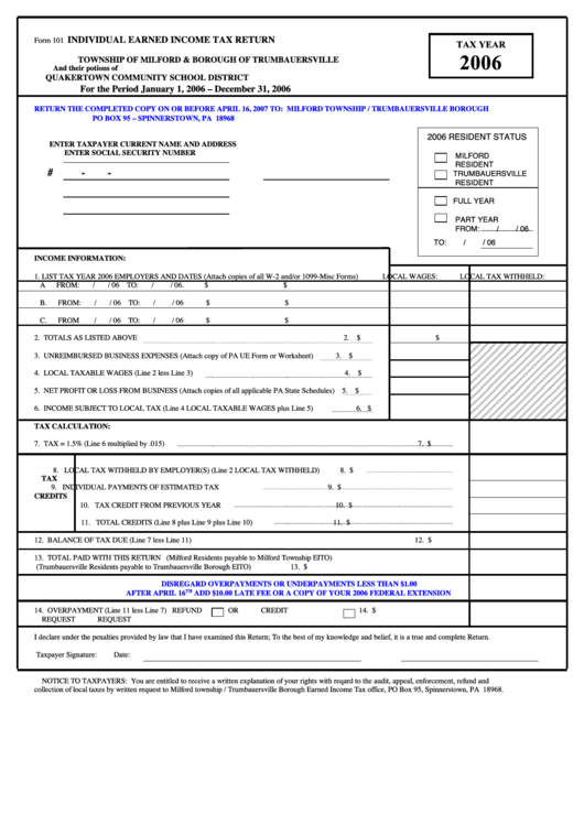 Form 101 - Individual Earned Income Tax Return - Township Of Milford & Borough Of Trumbauersville - 2006 Printable pdf
