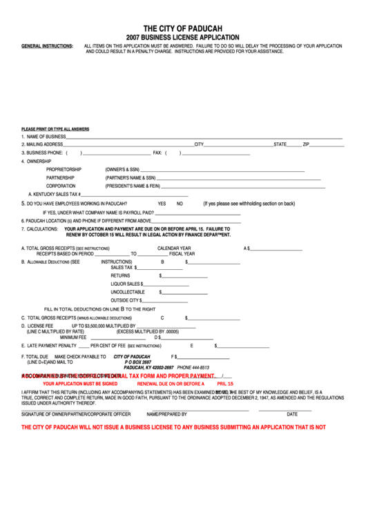 2007 Business License Application - The City Of Paducah, Ky Printable pdf
