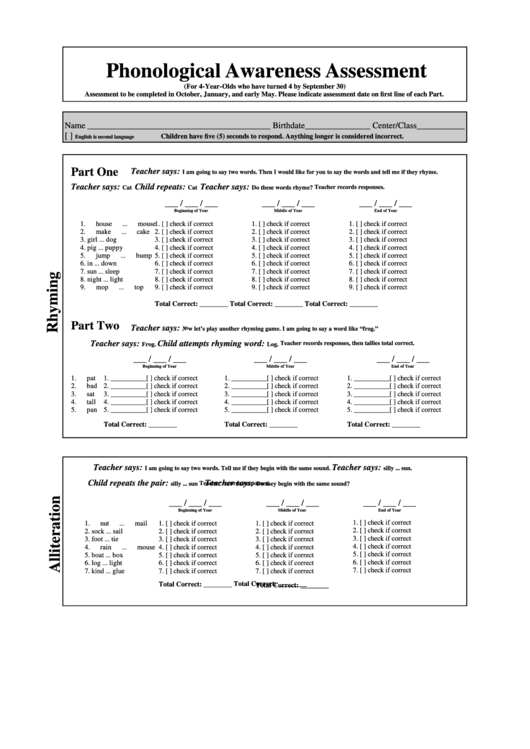Phonological Awareness Assessment Form Printable pdf