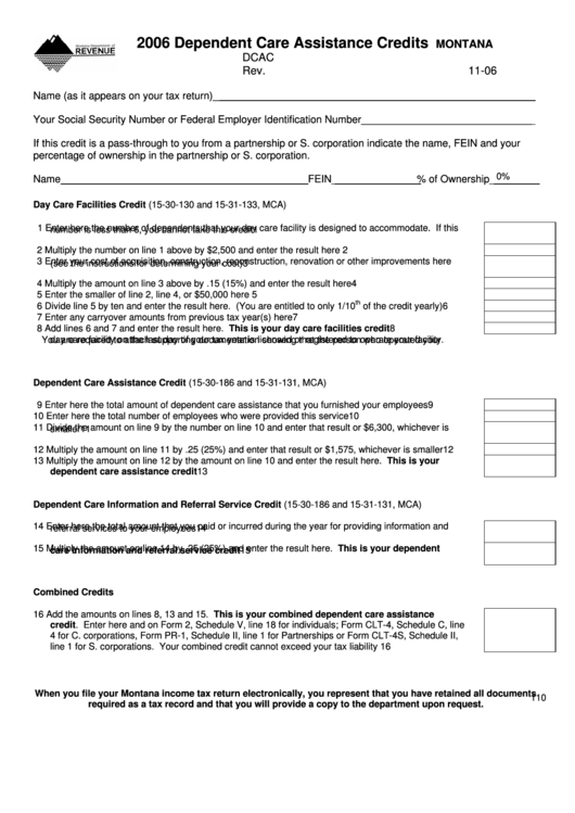 Fillable Form Dcac - Dependent Care Assistance Credits - 2006 Printable pdf