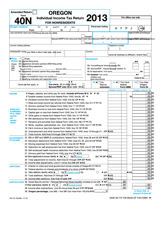 Fillable Form 40n - Oregon Individual Income Tax Return For Nonresidents - 2013 Printable pdf