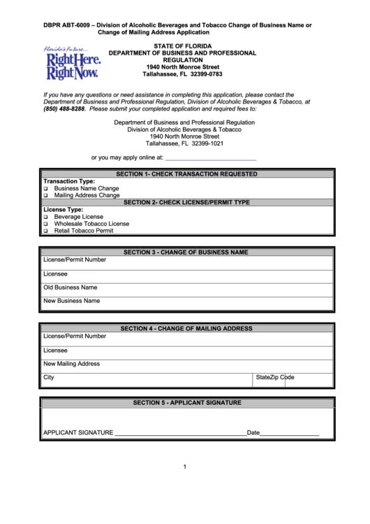 Dbpr Form Abt-6009 - Division Of Alcoholic Beverages And Tobacco Change Of Business Name Or Change Of Mailing Address Application Printable pdf