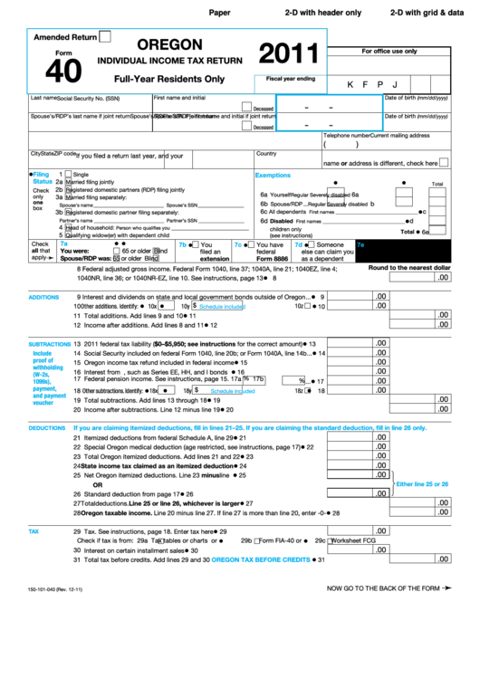 Form 40 - Oregon Individual Income Tax Return - 2011 Printable pdf