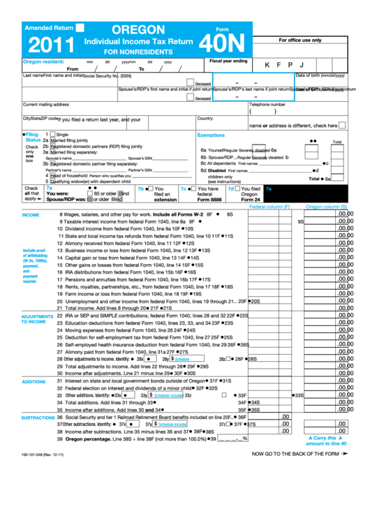 Fillable Form 40n - Oregon Individual Income Tax Return For Nonresidents - 2011 Printable pdf