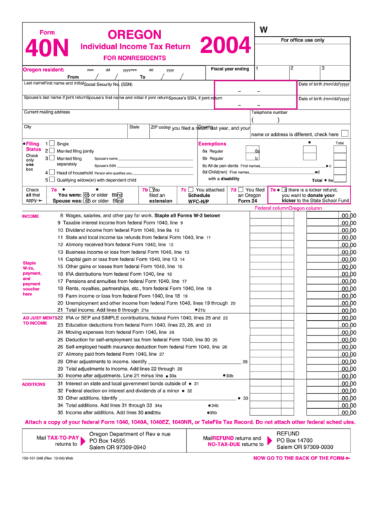 Fillable Form 40n Web - Individual Income Tax Return For Nonresidents - 2004 Printable pdf