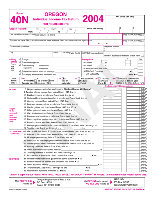 Form 40n - Individual Income Tax Return For Nonresidents - 2004 Printable pdf