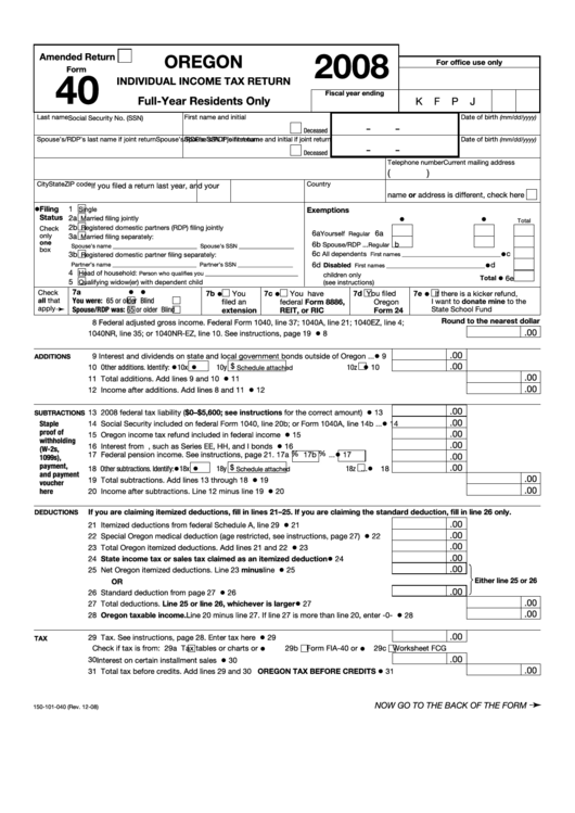 Fillable Form 40 - Oregon Individual Income Tax Return - 2008 Printable pdf