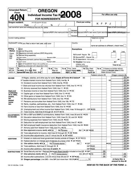 Fillable Form 40n - Oregon Individual Income Tax Return For Nonresidents - 2008 Printable pdf