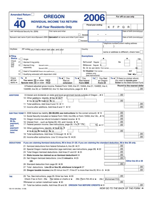 Fillable Form 40 - Individual Income Tax Return - 2006 Printable pdf