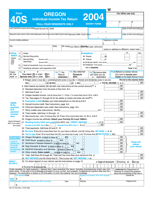 Fillable Form 40s - Individual Income Tax Return - 2004 Printable pdf