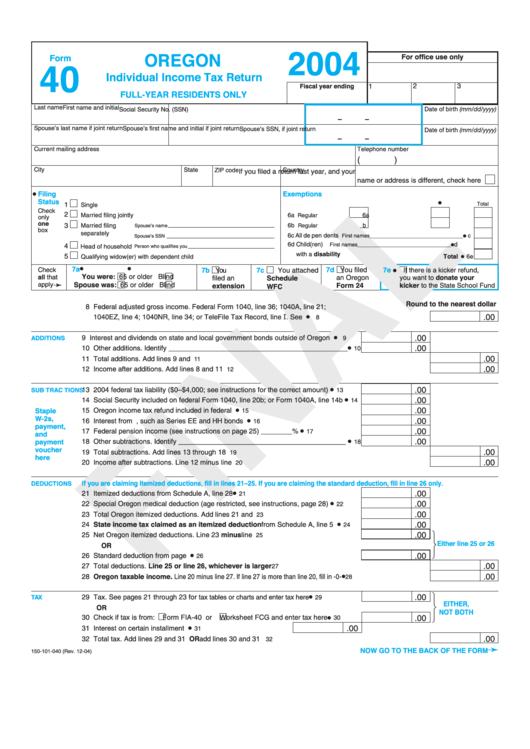 Form 40 - 2004 Individual Income Tax Return Full-Year Residents Only Printable pdf