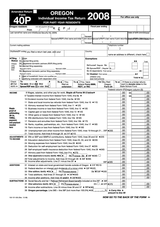 Fillable Form 40p - Oregon Individual Income Tax Return For Part-Year Residents - 2008 Printable pdf