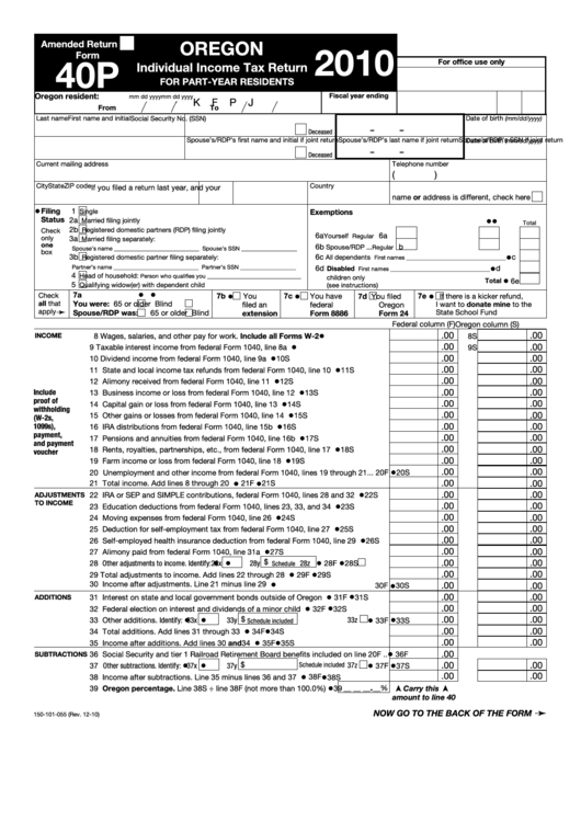 Fillable Form 40p - Oregon Individual Income Tax Return For Part-Year Residents - 2010 Printable pdf