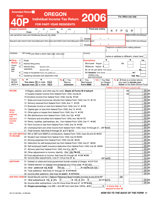 Fillable Form 40p - Oregon Individual Income Tax Return For Part-Year Residents - 2006 Printable pdf