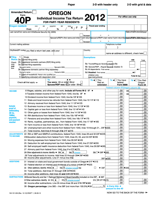 Form 40p - Oregon Individual Income Tax Return For Part-Year Residents - 2012 Printable pdf