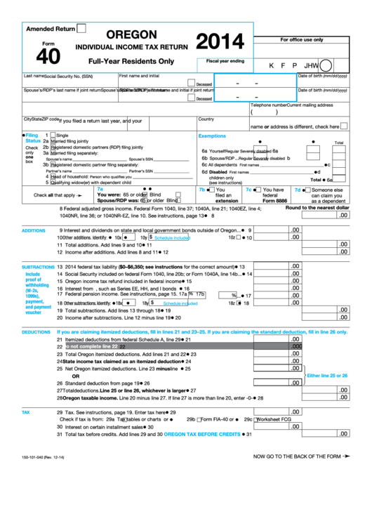 Fillable Form 40 - Oregon Individual Income Tax Return - 2014 Printable pdf