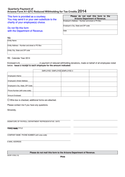 Fillable Form A1-Qtc - 2014 Quarterly Payment Of Reduced Withholding For Tax Credits Printable pdf