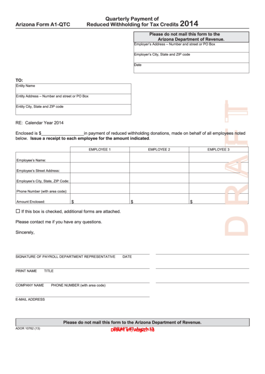 Form A1-Qtc Draft - 2014 Quarterly Payment Of Reduced Withholding For Tax Credits Printable pdf