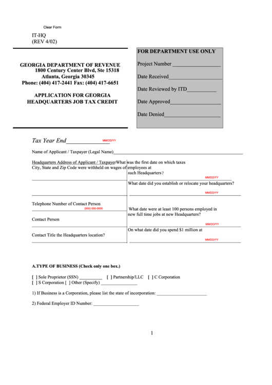 Fillable Form It-Hq - Application For Georgia Headquarters Job Tax Credit Printable pdf