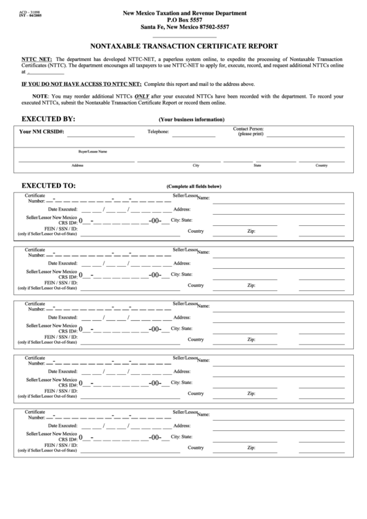Form Acd - 31098 - Nontaxable Transaction Certificate Report - New Mexico Taxation And Revenue Department Printable pdf