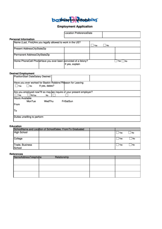 Fillable Employment Application Form - Baskin Robbins Printable pdf