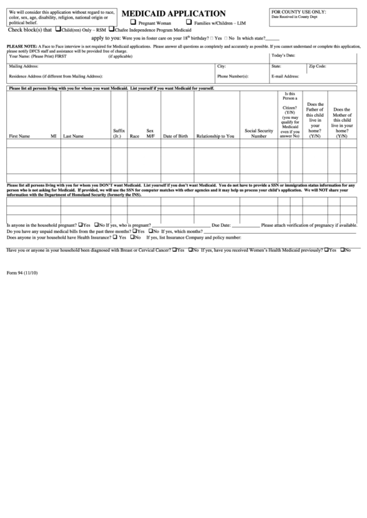 Form 94 - Medicaid Application Form Printable pdf
