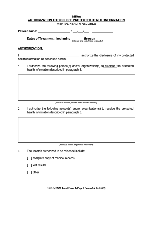 Fillable Hipaa Authorization To Disclose Protected Health Information Mental Health Records Printable pdf
