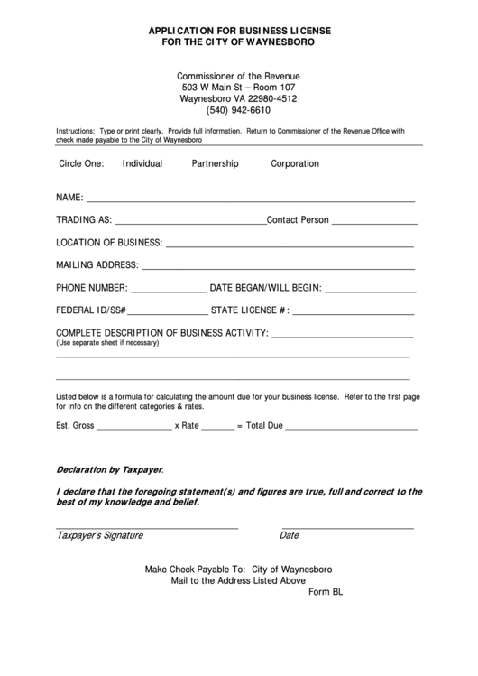 Form Bl-1 - Application For Business License For The City Of Waynesboro Printable pdf