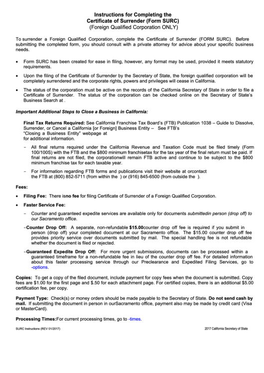 Fillable Form Surc - Certificate Of Surrender - 2017 Printable pdf