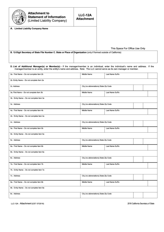 Fillable Form Llc-12a - Attachment To Statement Of Information Printable pdf