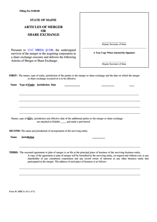 Fillable Form Mbca-10 - Articles Of Merger Or Share Exchange Printable pdf