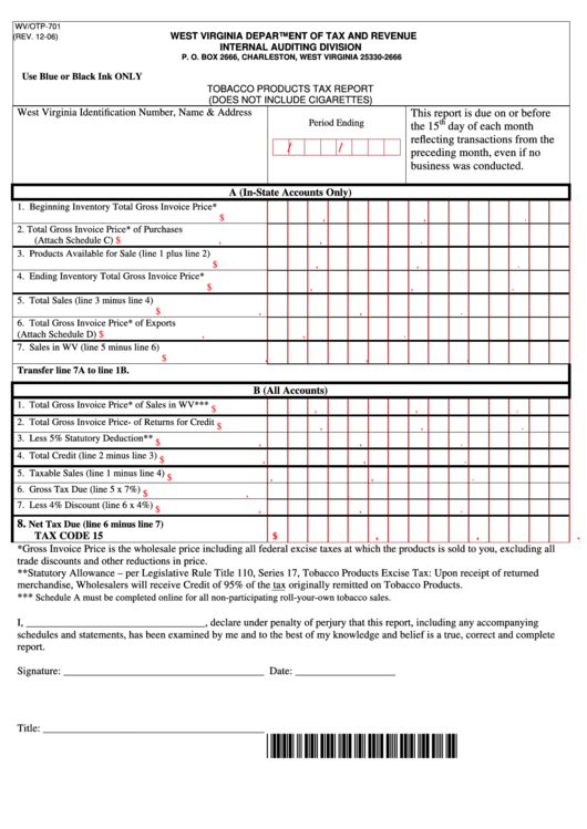 Form Wv/otp-701 -Tobacco Products Tax Report (Does Not Include Cigarettes) December 2006 Printable pdf