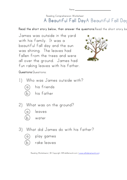 Reading Comprehension Worksheet - A Beautiful Fall Day Printable pdf