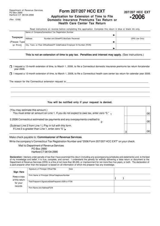 Form 207/207 Hcc Ext - Domestic Insurance Premiums Tax Return Or Health Care Center Tax Return December 2006 Printable pdf