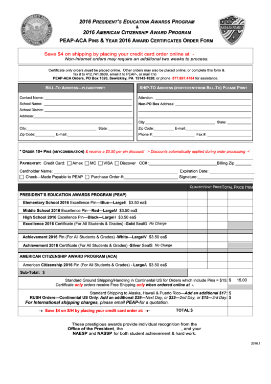 Peap-Aca Pins & Year 2016 Award Certificates Order Form Printable pdf