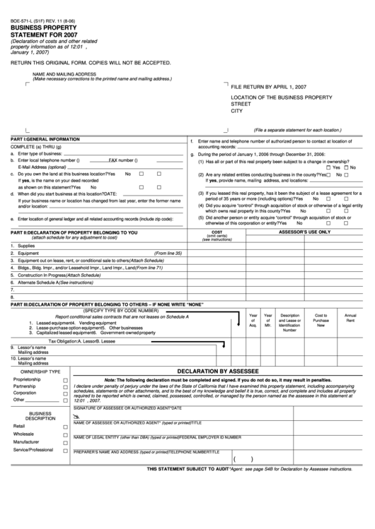 Fillable Form Boe-571-L - Business Propertystatement For 2007 Printable pdf