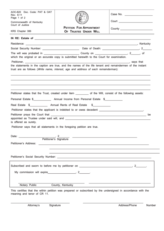 Fillable Form Aoc-820 - Petition For Appointment Of Trustee Under Will - 2011 Printable pdf