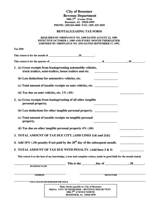 Rental/leasing Tax Form Printable pdf