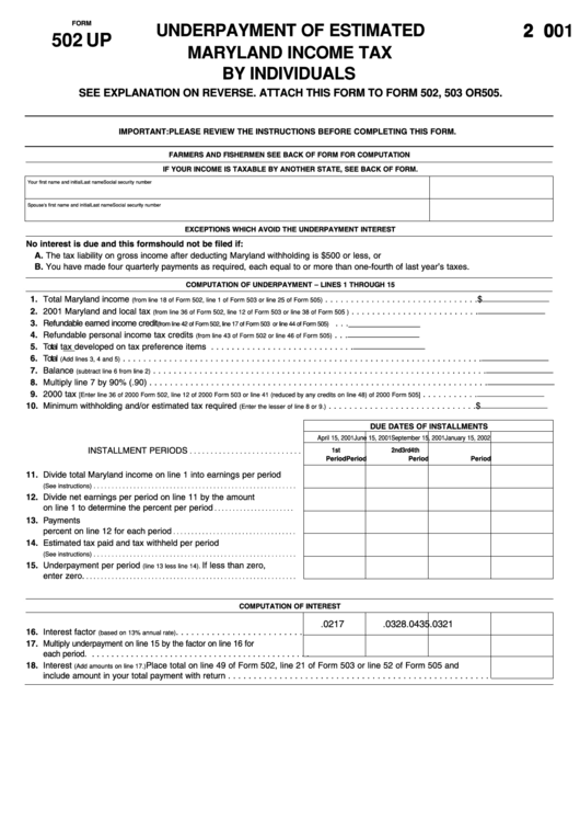 Form 502 Up - Underpayment Of Estimated Maryland Income Tax By Individuals - 2001 Printable pdf