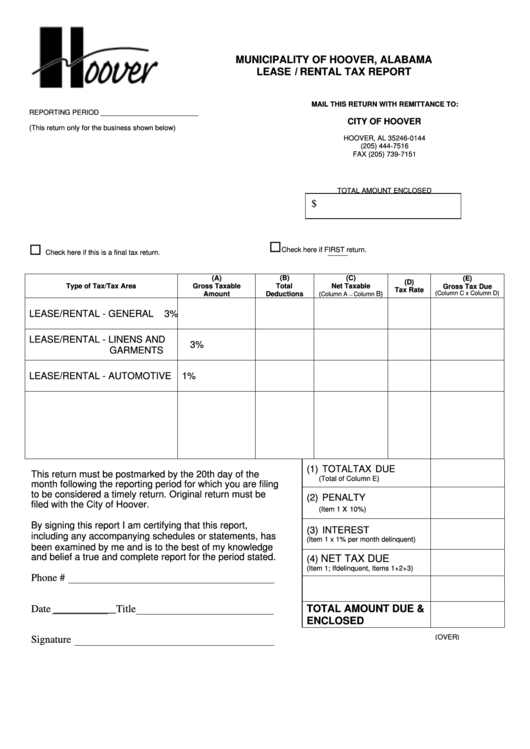 Lease I Rental Tax Report Form Printable pdf