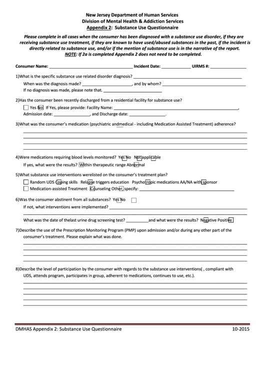 Form Dmhas - Substance Use Questionnaire October 2015 Printable pdf