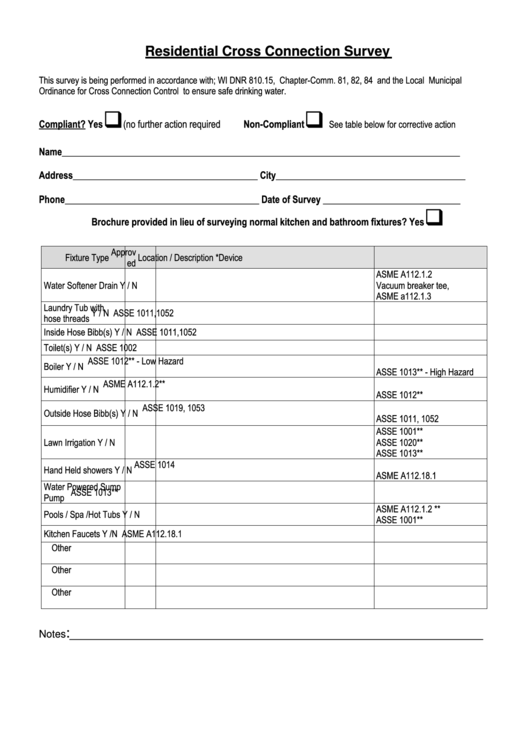 Residential Cross Connection Survey Form Printable pdf