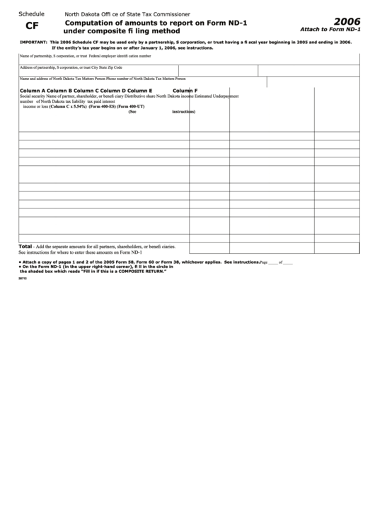 Fillable Form Nd-1 - Schedule Cf - Computation Of Amounts To Report Under Composite Filing Method - 2006 Printable pdf